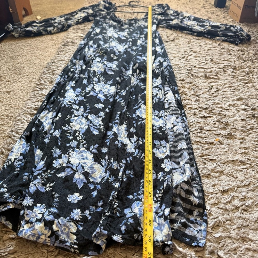 Free People Black Blue Floral Smocked Midi Dress Square Neck Side Slit Small - Picture 5 of 11